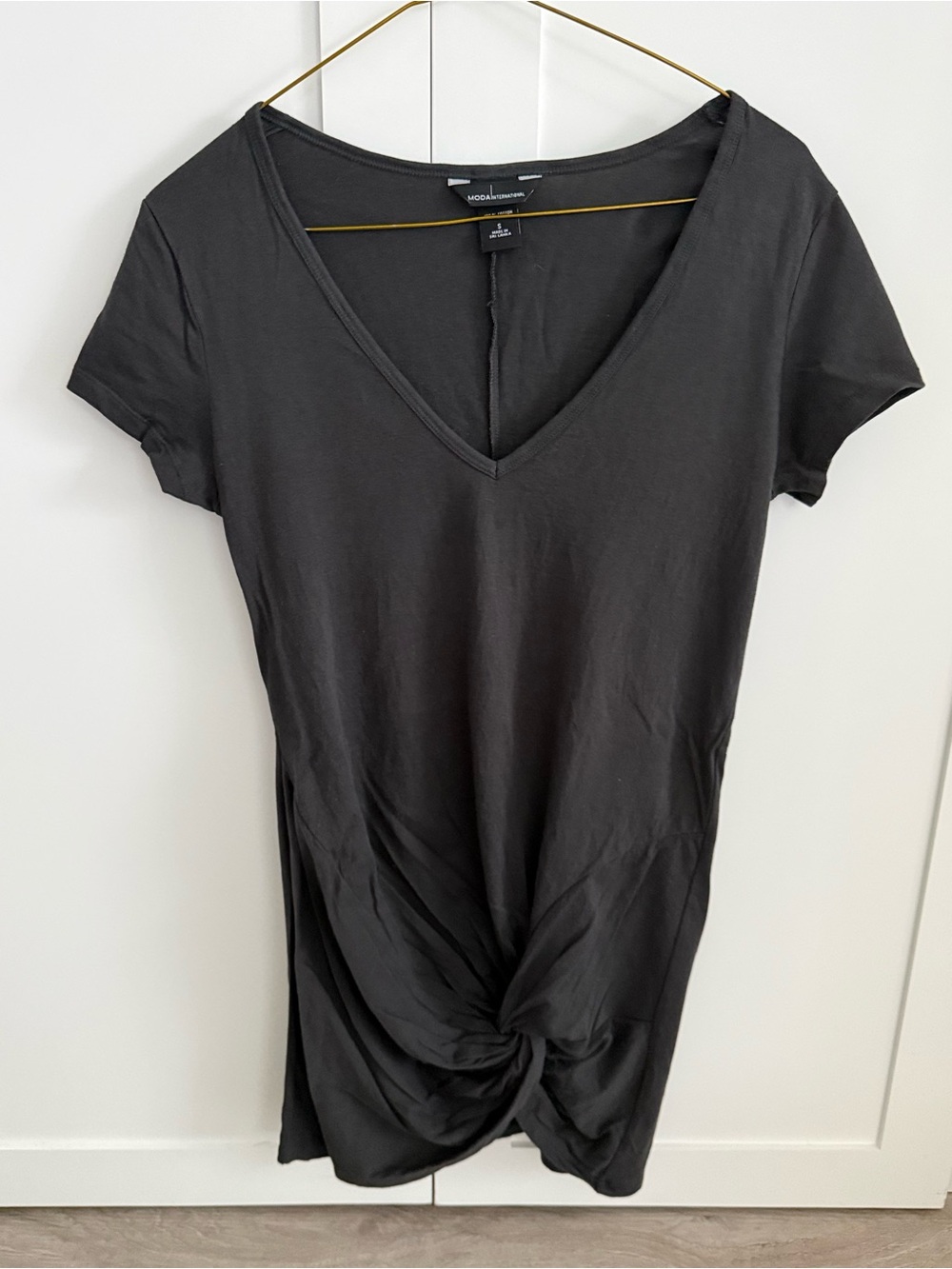 Charcoal Grey Moda International V-Neck Twist-Front Tee Top.
